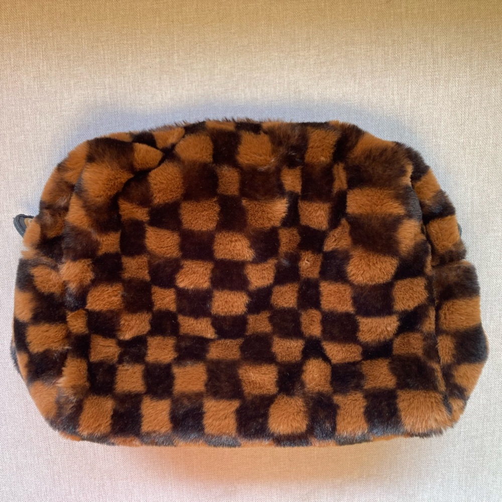 Kassiopea x Anthropologie fuzzy faux fur black brown checkerboard bag, no strap